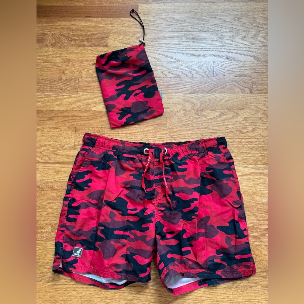 Men’s Kangol Red and Black Camo Swim Shorts with Pouch - Medium